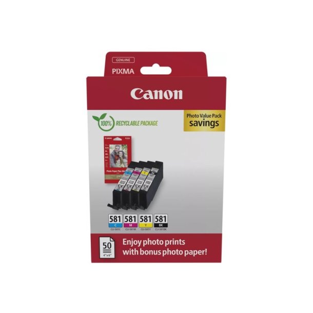 Canon CLI-581 - Foto ValuePack - blkpatron - 5.6ml - Original - S/C/M/Y + 50 stk. Fotopapir