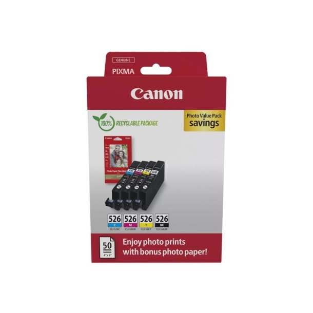 Canon CLI-526 - Foto ValuePack - blkpatron - 9ml - original - S/C/M/Y + 50 stk. 10x15cm Fotopapir