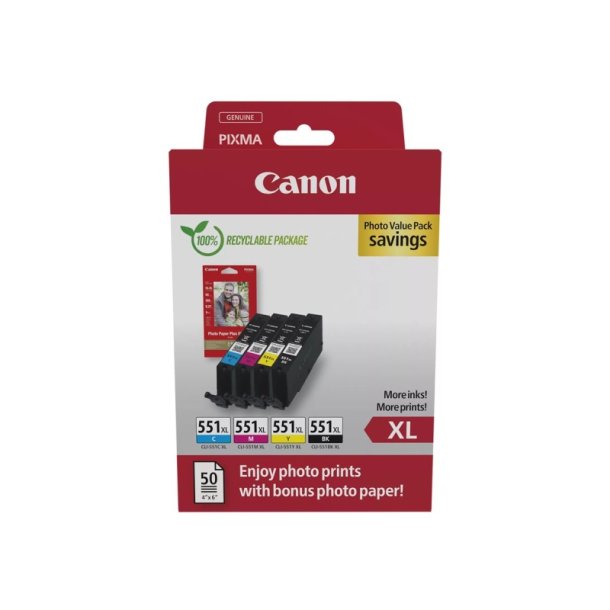 Canon CLI-551XL Foto ValuePack - blkpatron - original - Hjt udbytte - S/C/M/Y + 50 stk. fotopapir