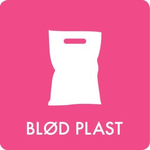 Piktogram - Bl�d plast - pink - til inde og ude - 12x12 cm - Dansk affalds Forening