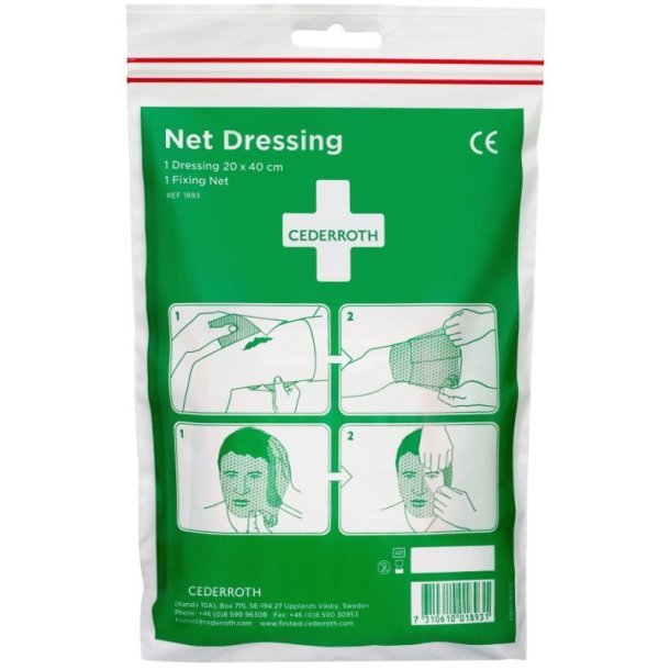 Cederroth Hovedbandage + Holdenet - 20x40cm bandage og 1stk. Holdenet