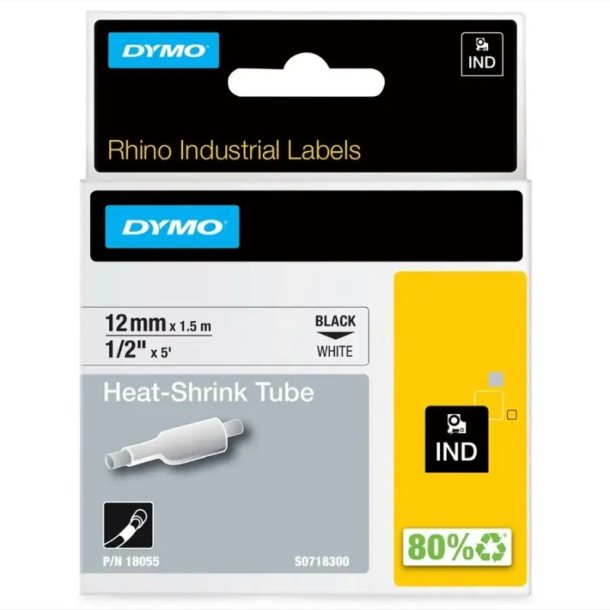 Dymo Tape Rhino - 12mmx1,5m - krympeflex - ledning/kabel - sort tekst p hvid