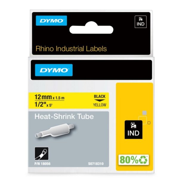 Dymo Tape Rhino - 12mmx1,5m - krympeflex - ledning/kabel - sort tekst p gul