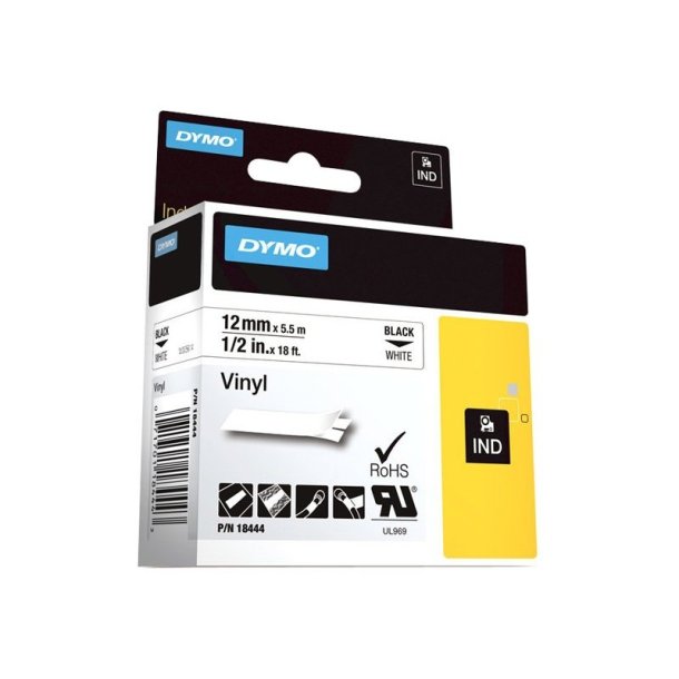 Dymo Tape Rhino - 12mmx5,5m - vinyl - sort tekst p hvid