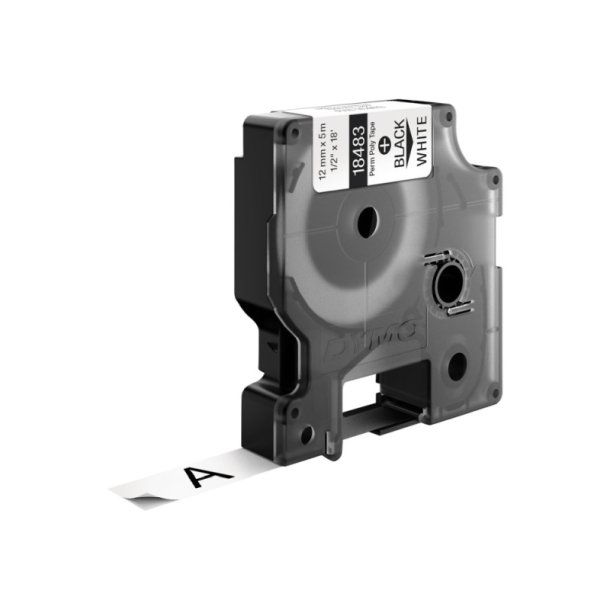 Dymo Tape Rhino - 12mmx5,5m - permanent polyester - sort tekst p hvid