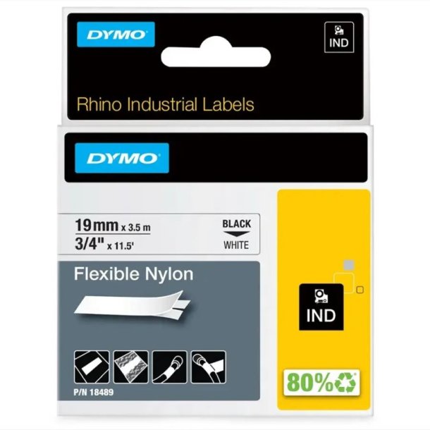 Dymo Tape Rhino - 19mmx3,5m - flexibel nylon - sort tekst p hvid