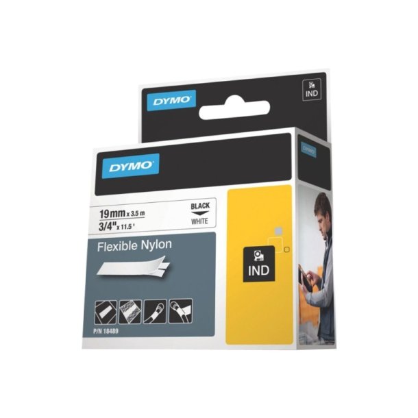 Dymo Tape Rhino - 19mmx3,5m - flexibel nylon - sort tekst p hvid