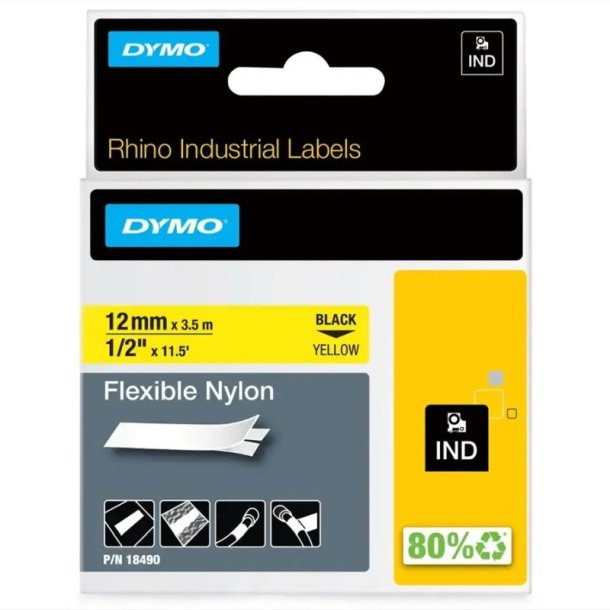 Dymo Tape Rhino - 12mmx3,5m - flexibel nylon - sort tekst p gul