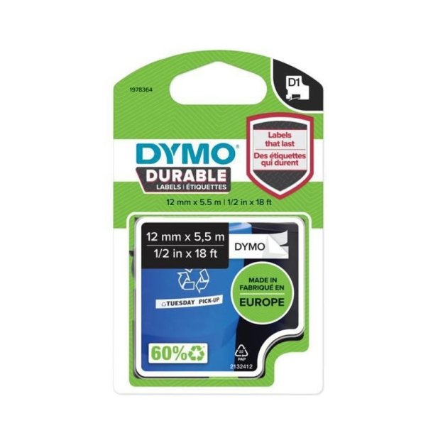 Dymo Tape D1 - Extra strk klbende - 12mmx5,5m - sort tekst p hvid