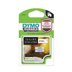 Dymo Tape D1 - Extra strk klbende - 12mmx5,5m - sort tekst p hvid