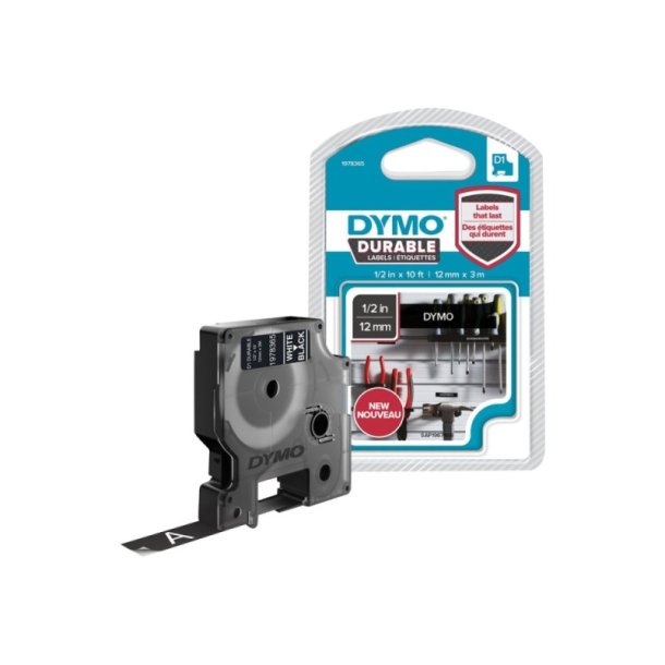 Dymo Tape D1 - Extra strk klbende - 12mmx3m - hvid tekst p sort