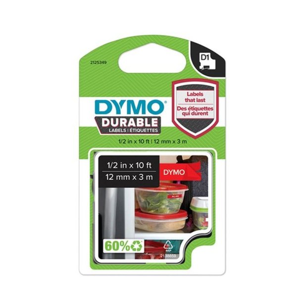 Dymo Tape D1 - Extra strk klbende - 12mmx3m - hvid tekst p rd