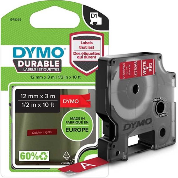 Dymo Tape D1 - Extra strk klbende - 12mmx3m - hvid tekst p rd