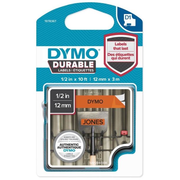 Dymo Tape D1 - Extra strk klbende - 12mmx3m - sort tekst p orange