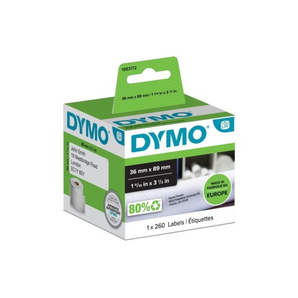 Dymo Label - sort tekst p hvid - 89mmx36mm - adresse labels - 260 stk. pr. rulle