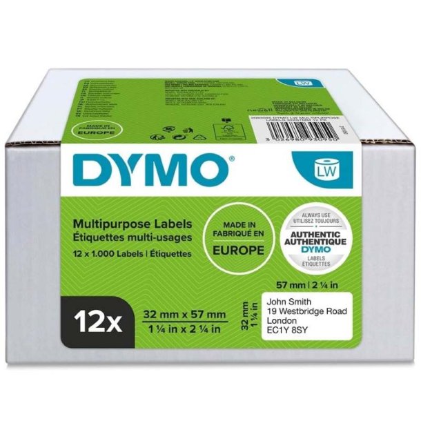 Dymo Label - sort tekst p hvid - 32x57mm - Multi labels - 12 x 1000 stk. pr. Rulle