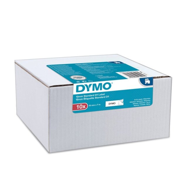 Dymo Tape D1 - Aftagelig - 12mmx7m - sort tekst p hvid - Pakke med 10 stk.