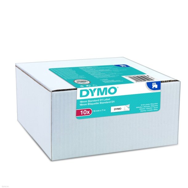 Dymo Tape D1 - Aftagelig - 19mmx7m - sort tekst p hvid - pakke med 10 stk.