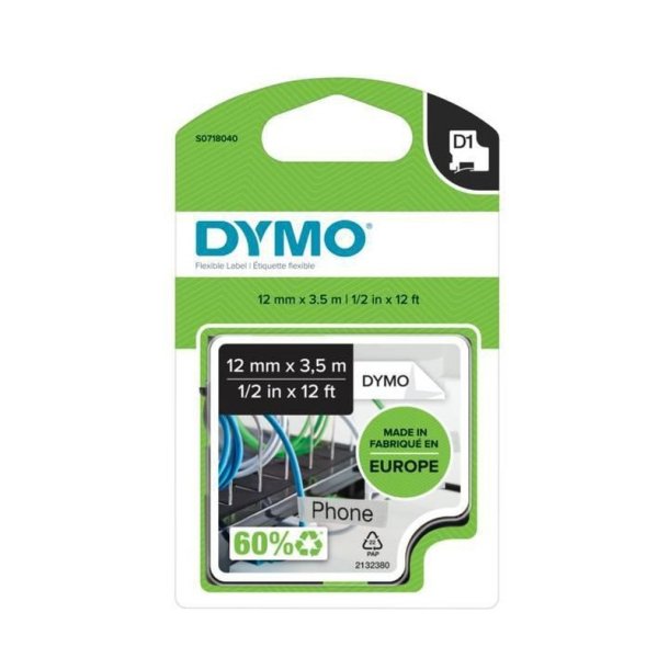 Dymo Tape D1 - permanent nylon - 12mmx3,5m - sort tekst p hvid