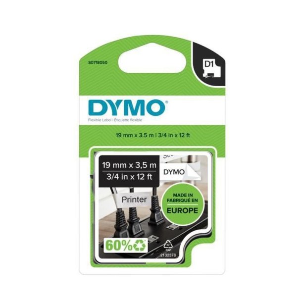 Dymo Tape D1 - permanent nylon - 19mmx2,5m - sort tekst p hvid