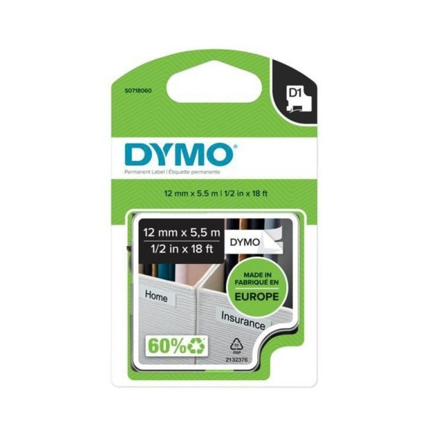 Dymo Tape D1 - permanent polyester - 12mmx5,5m - sort tekst p hvid