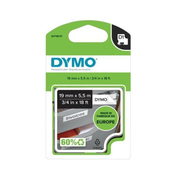 Dymo Tape D1 - permanent polyester - 19mmx5,5m - sort tekst p hvid