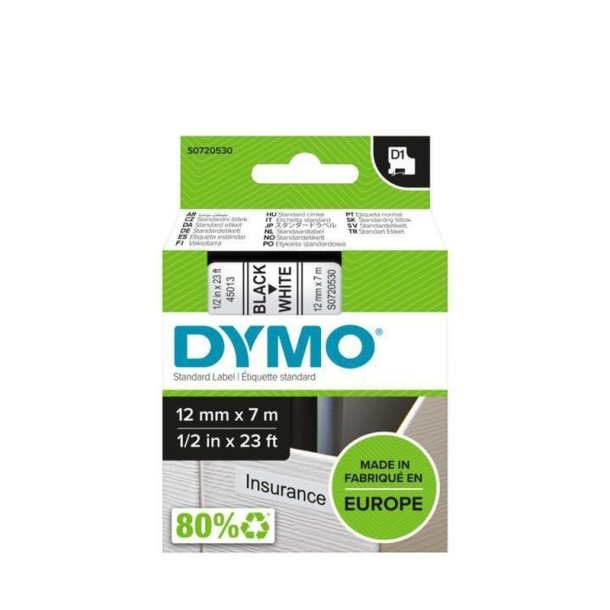 Dymo Tape D1 - Aftagelig - 12mmx7m - sort tekst p hvid