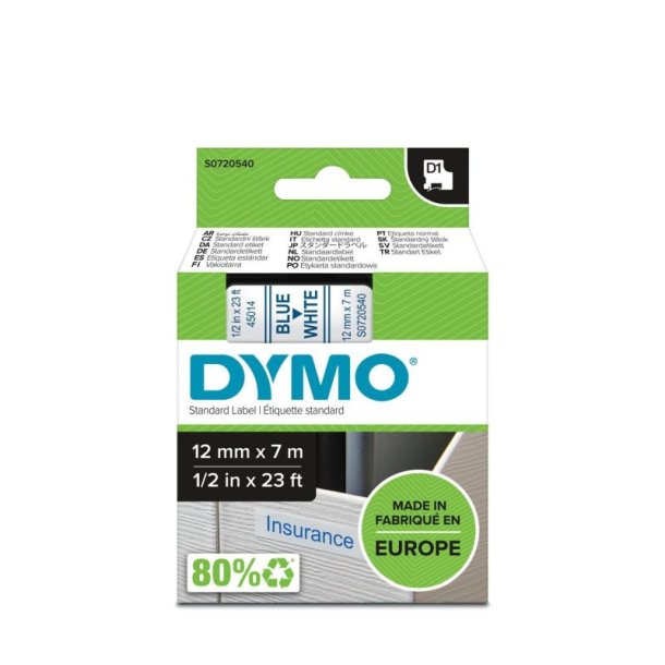 Dymo Tape D1 - Aftagelig - 12mmx7m - bl tekst p hvid