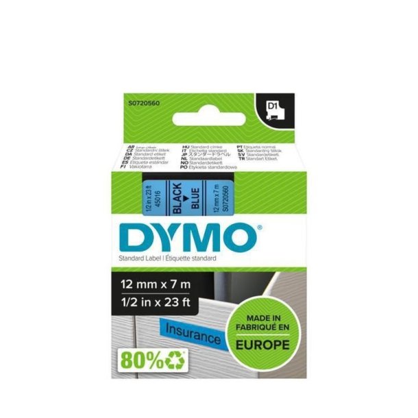 Dymo Tape D1 - Aftagelig - 12mmx7m - sort tekst p bl