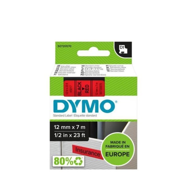 Dymo Tape D1 - Aftagelig - 12mmx7m - sort tekst p rd