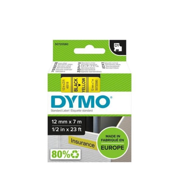 Dymo Tape D1 - Aftagelig - 12mmx7m - sort tekst p gul