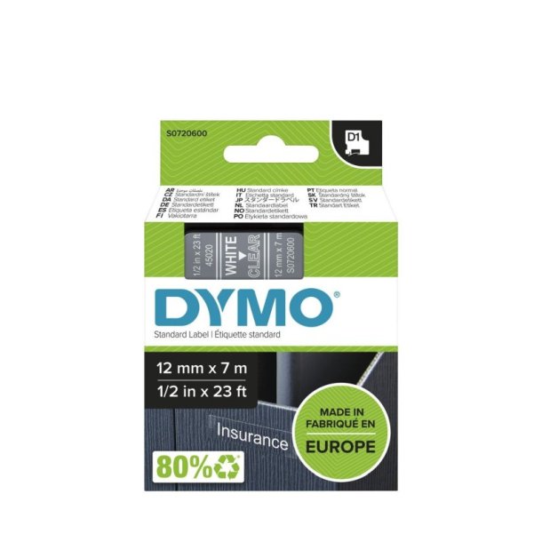 Dymo Tape D1 - Aftagelig - 12mmx7m - hvid tekst p klar