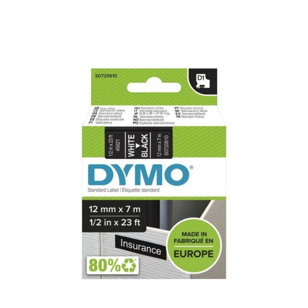 Dymo Tape D1 - Aftagelig - 12mmx7m - hvid tekst p sort