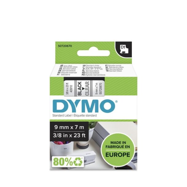 Dymo Tape D1 - Aftagelig - 9mmx7m - sort tekst p klar