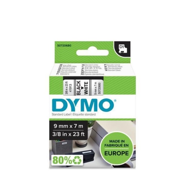 Dymo Tape D1 - Aftagelig - 9mmx7m - sort tekst p hvid