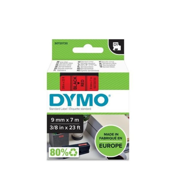 Dymo Tape D1 - Aftagelig - 9mmx7m - sort tekst p rd