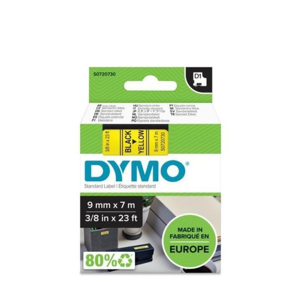 Dymo Tape D1 - Aftagelig - 9mmx7m - sort tekst p gul