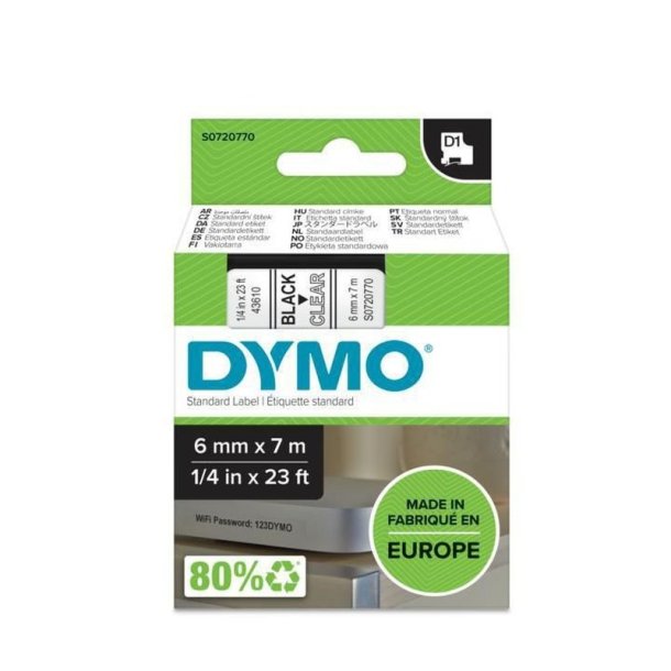 Dymo Tape D1 - Aftagelig - 6mmx7m - sort tekst p klar