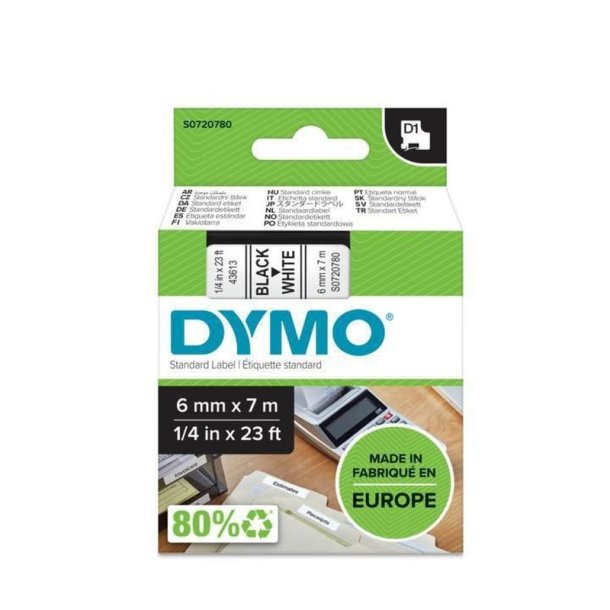 Dymo Tape D1 - Aftagelig - 6mmx7m - sort tekst p hvid