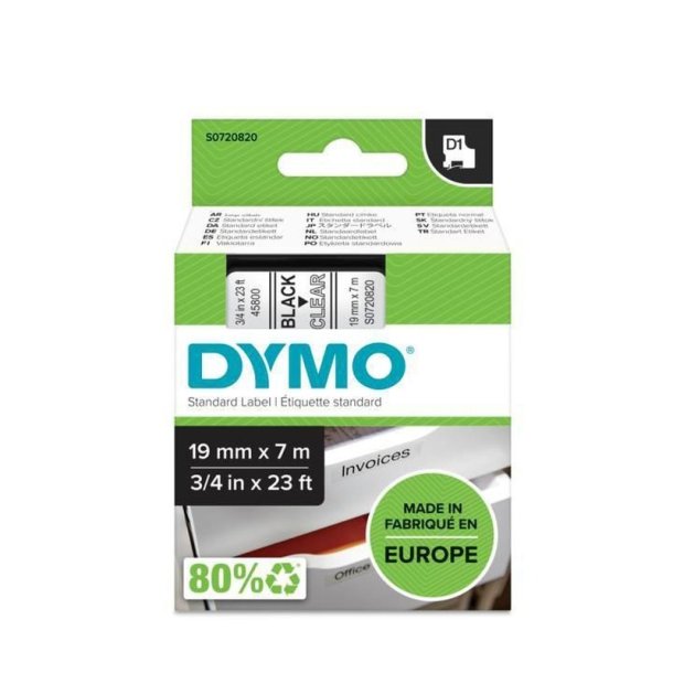 Dymo Tape D1 - Aftagelig - 19mmx7m - sort tekst p klar