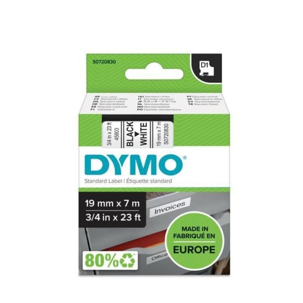 Dymo Tape D1 - Aftagelig - 19mmx7m - sort tekst p hvid