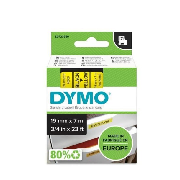 Dymo Tape D1 - Aftagelig - 19mmx7m - sort tekst p gul