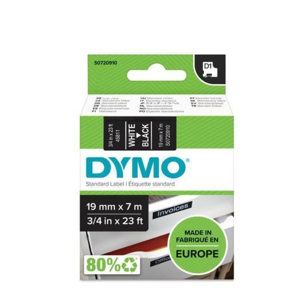 Dymo Tape D1 - Aftagelig - 19mmx7m - hvid tekst p sort