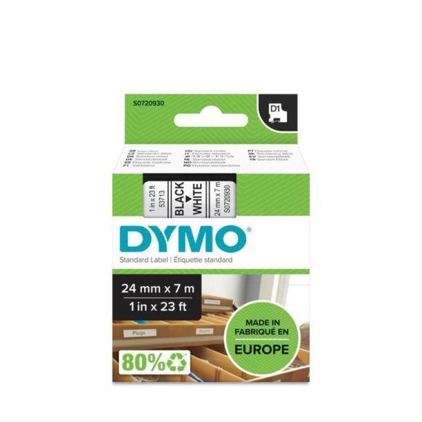 Dymo Tape D1 - Aftagelig - 24mmx7m - sort tekst p hvid