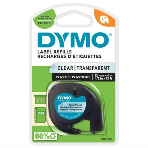 Dymo Tape LetraTag - Polyester - 12mmx4m - sort tekst p klar