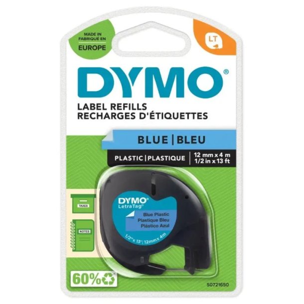 Dymo Tape LetraTag - Polyester - 12mmx4m - sort tekst p bl