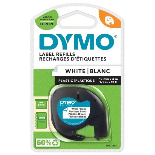 Dymo Tape LetraTag - Polyester - 12mmx4m - sort tekst p hvid