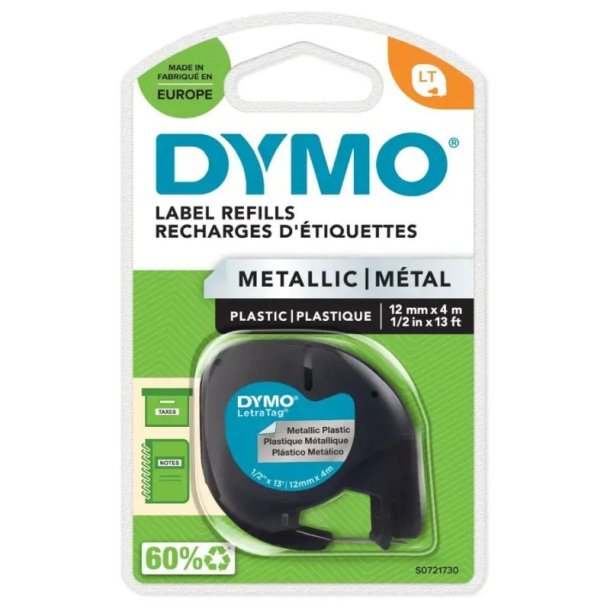 Dymo Tape LetraTag - plastik - 12mmx4m - sort tekst p slv