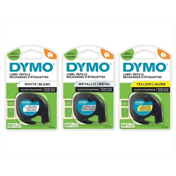 Dymo Tape LetraTag - plastik - 12mmx4m - Sort tekst p hvid/gul/metal - Pakke med 3 stk.