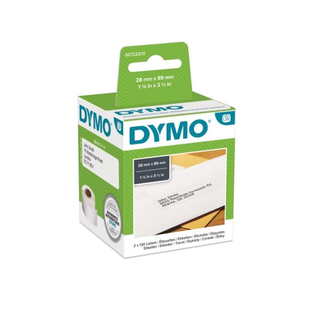 Dymo Label - sort tekst p hvid - 28mmx89mm - adresse labels - 130 stk. pr. rulle - 2 Ruller